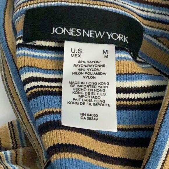 Vintage Jones New York Cardigan Sweater Button Front Size M Striped Blues Tan - Picture 10 of 10